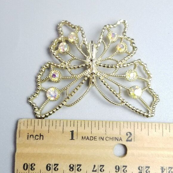 Vintage AB Rhinestone Butterfly Brooch, Pale Gold Tone, Cut Out Wings, Estate - Picture 4 of 6